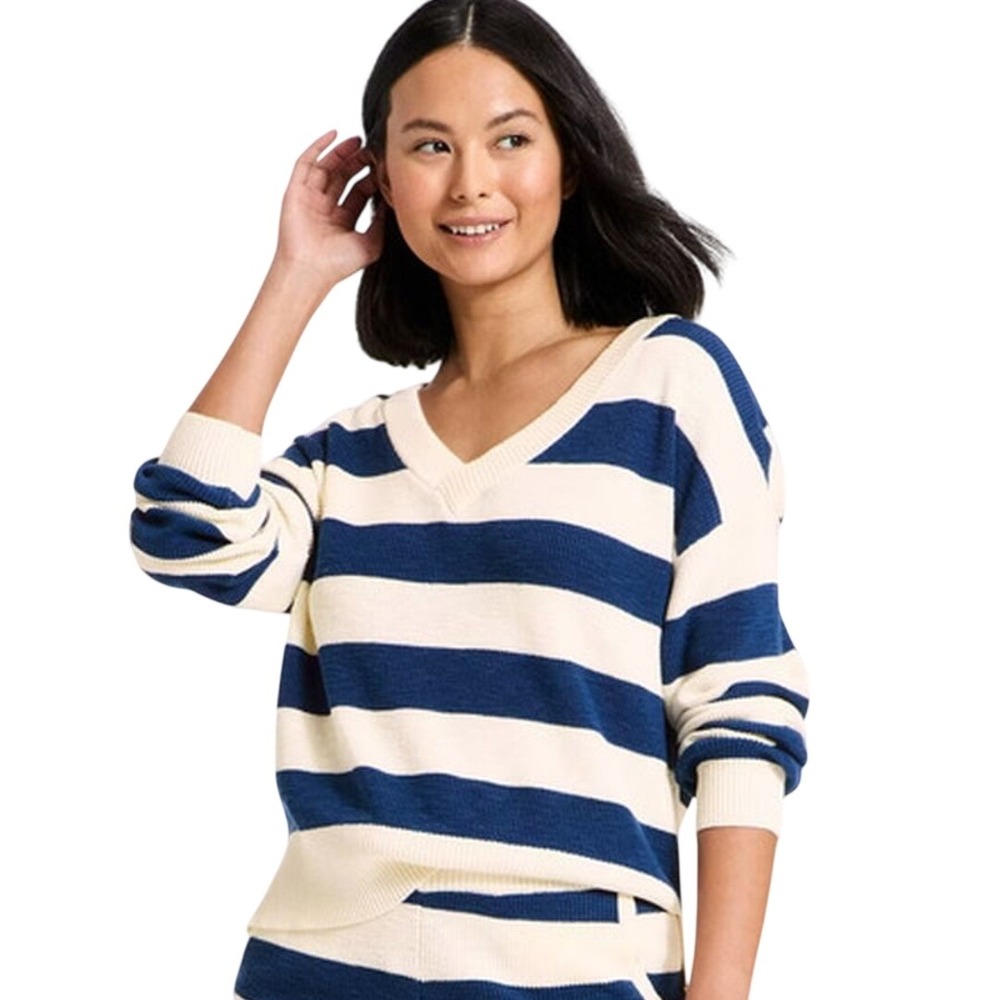 JoyLab Women's Blue White Striped V Neck Pullover Knit Sweater Size XXL‎